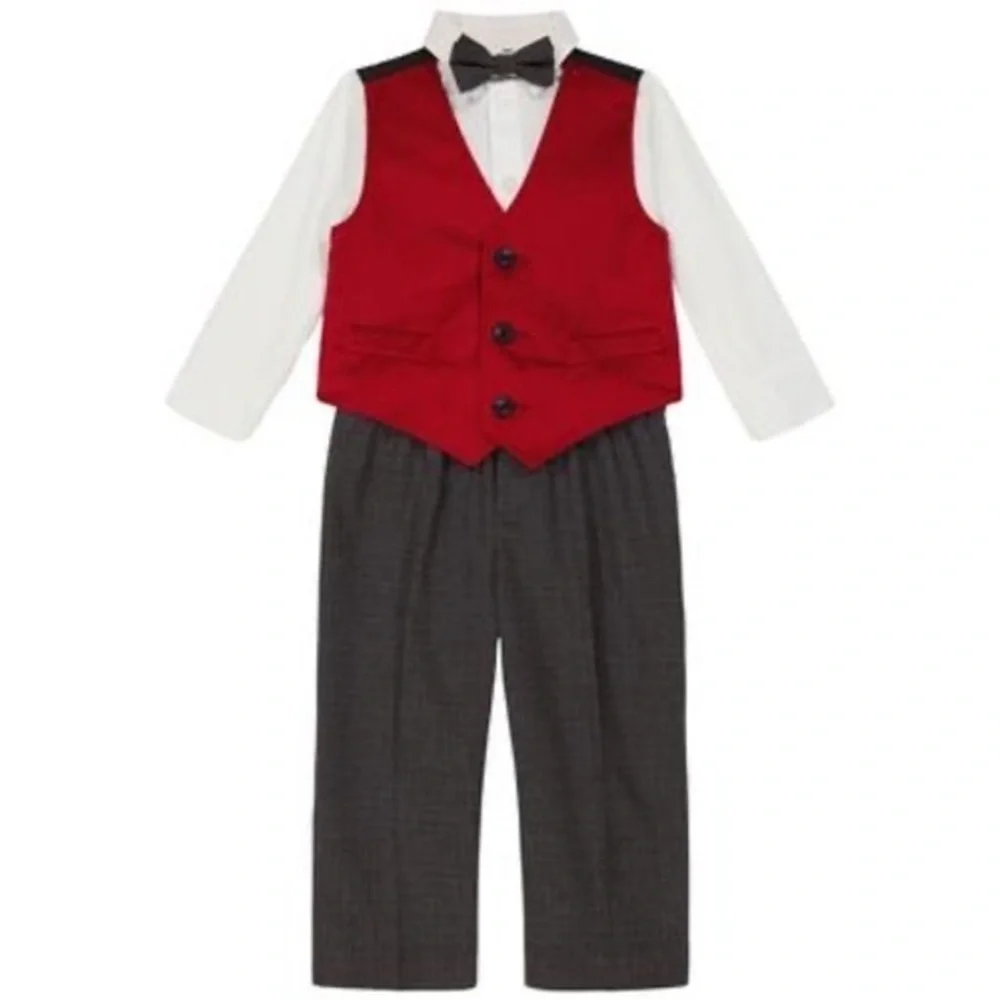 Nautica Shirt,Vest,Pants and Bow-Tie Set Little Boys 7 White/Dark Red/Gray 6